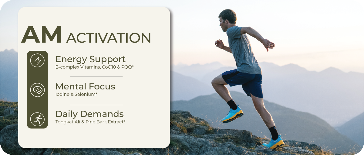 Person running on a mountain with AM Activation supplement packaging in the foreground