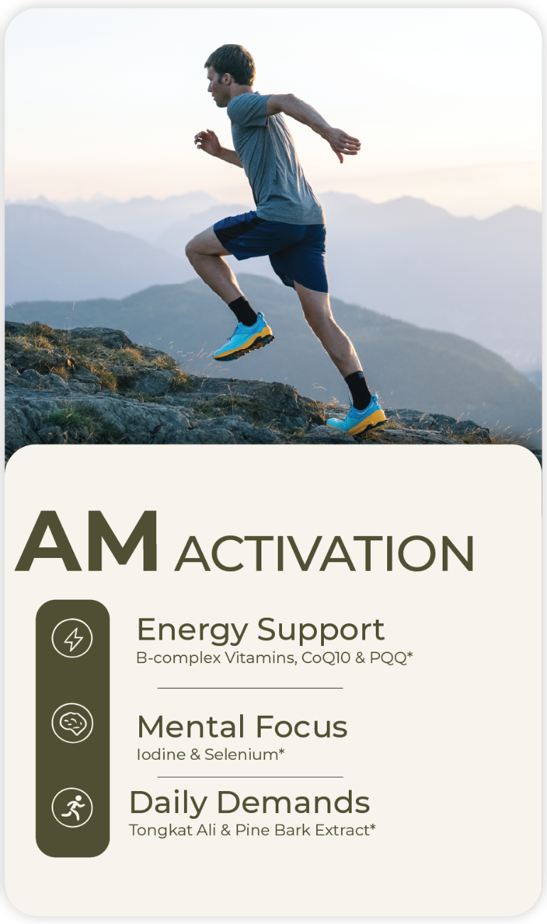 Person running on a mountain with AM Activation supplement packaging in the foreground