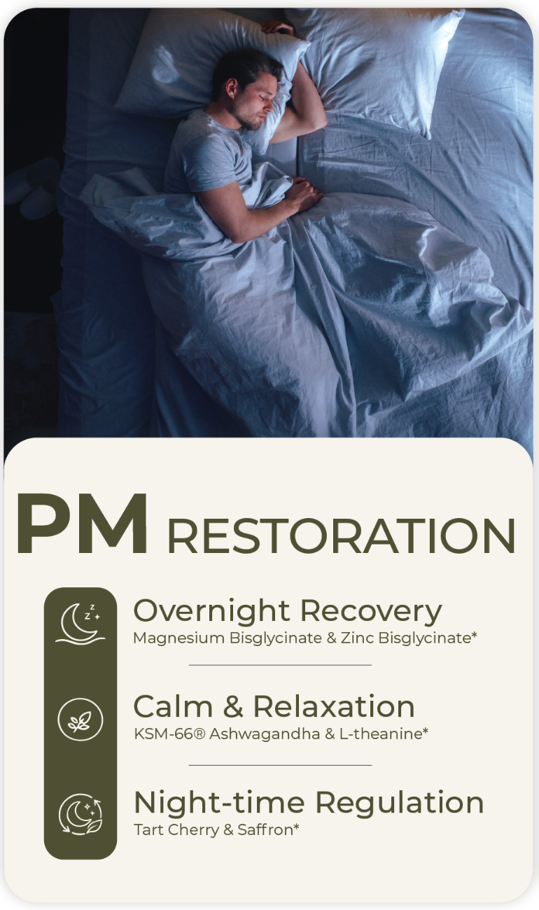 Person lying in bed with 'PM Restoration' product label overlay