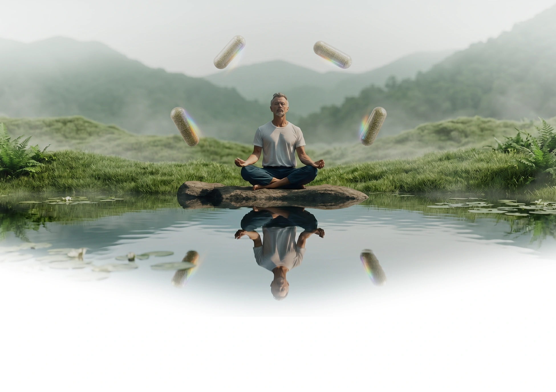 Man meditating beside a calm lake