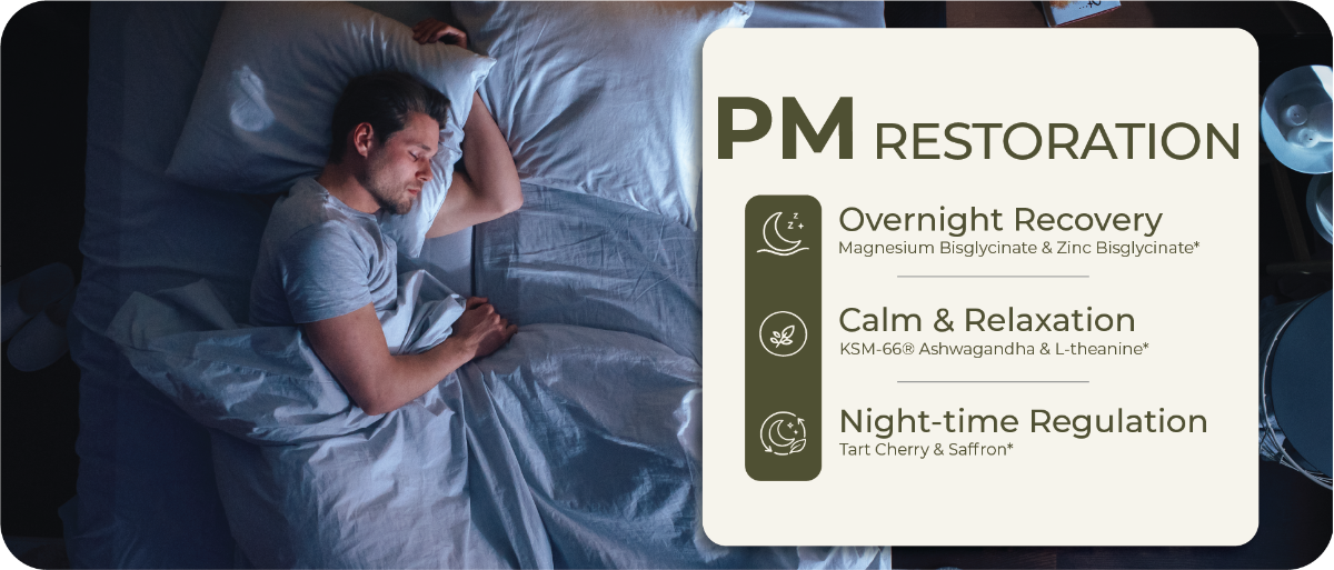 Man sleeping in bed with a 'PM Restoration' product label overlay.