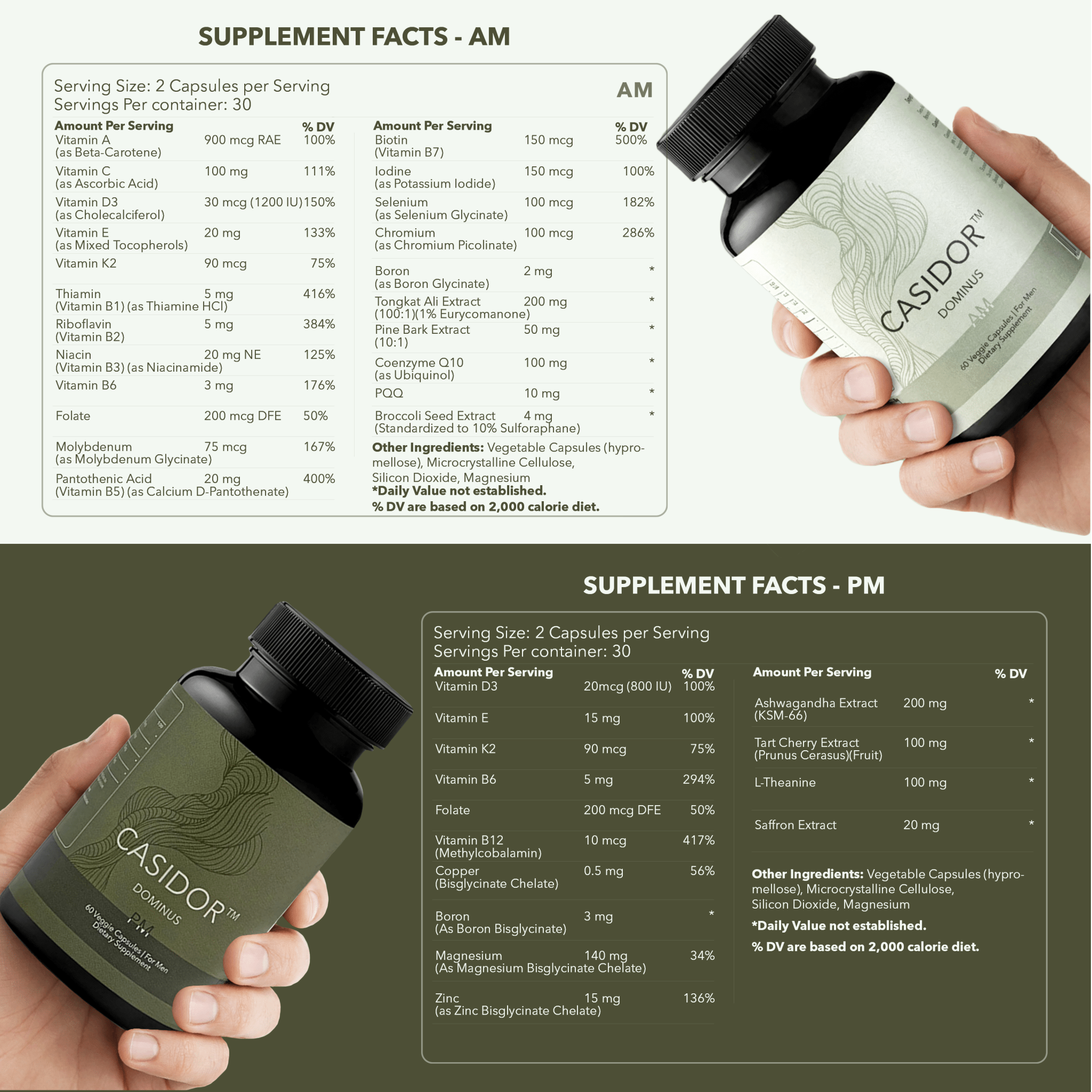 Casidor Dominus Multivitamins for Men | AM and PM Performance Formula | Supplement Facts.